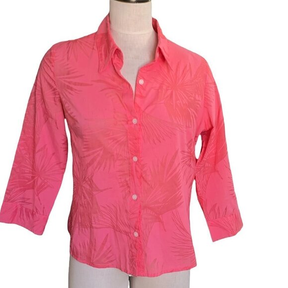 Liz Claiborne Villager Button Front Shirt Novelty Palm Tree Print Sz 8 Pink 26B - Picture 3 of 10